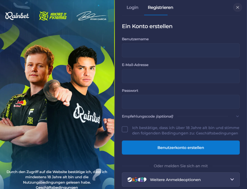 Registrierung und Anmeldung bei Rainbet Germany